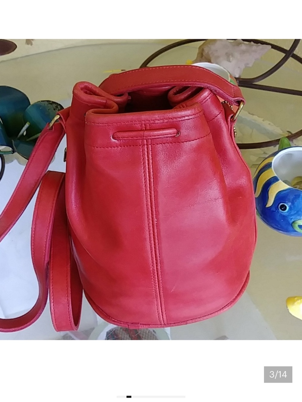 Coach Red Leather Drawstring Crossbody Bucket Bag - Picture 2 of 9